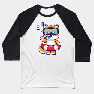 Cute Shiba Inu Dog Snorkeling And Waving Hand Cartoon Baseball T-Shirt